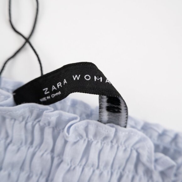 ZARA Woman baby blue off the shoulder flare scrunch top size XS - Picture 2 of 10